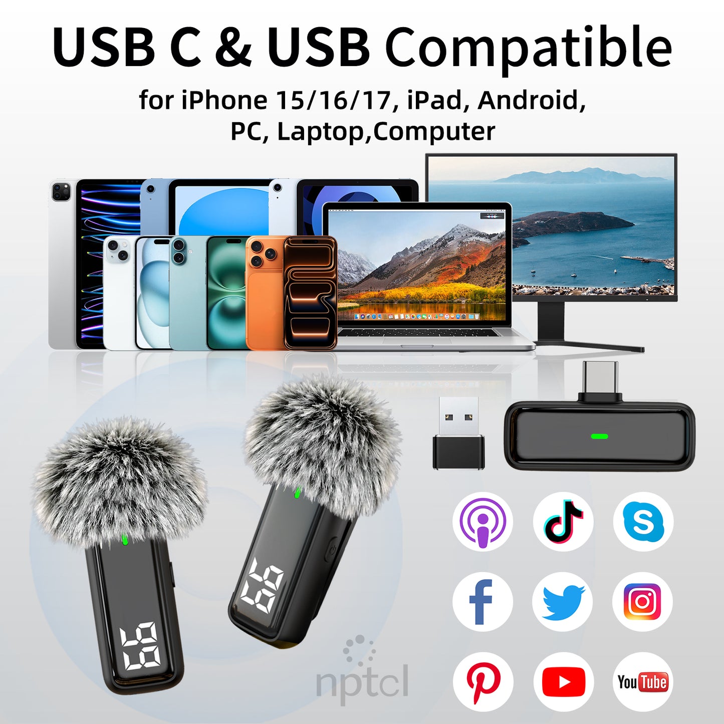 NPTCL Wireless Lavalier Microphone for iPhone Android Phone (H6-USB +USB C)