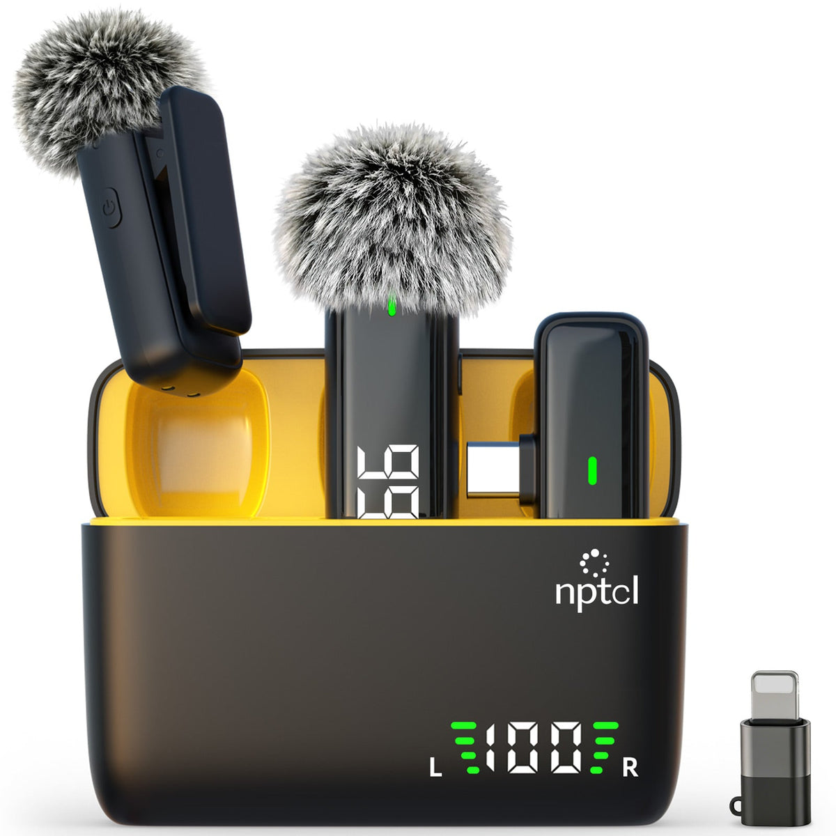 NPTCL audio device with charging case and accessories on a white background