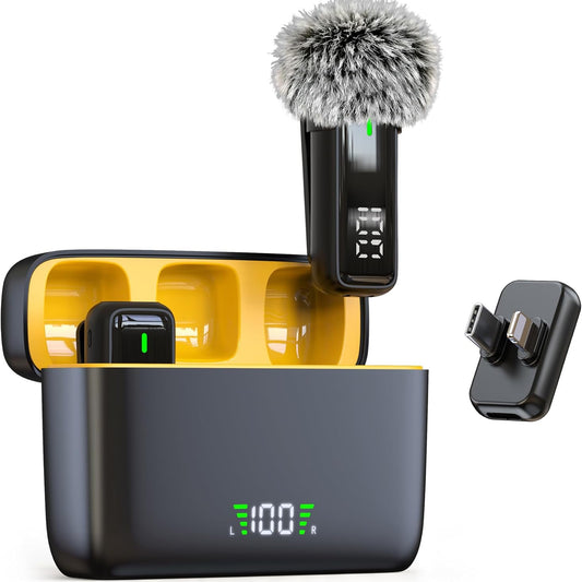 Black and yellow electronic device with a microphone attachment on a white background